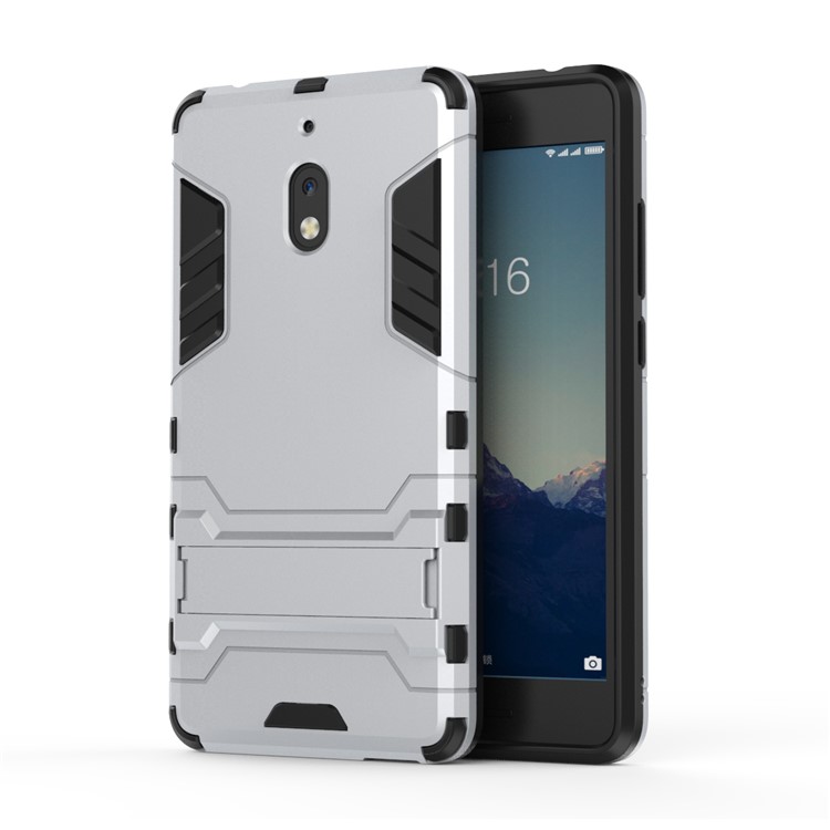 Cool Guard Plastic TPU Hybrid Phone Back Case Accessory with Kickstand for Nokia 2.1 - Silver-2