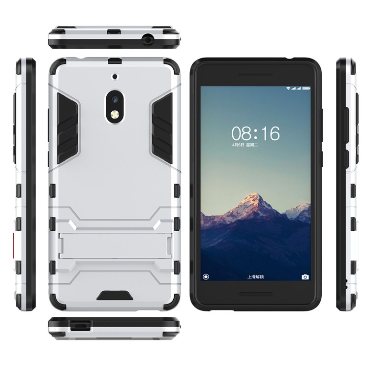 Cool Guard Plastic TPU Hybrid Phone Back Case Accessory with Kickstand for Nokia 2.1 - Silver-3