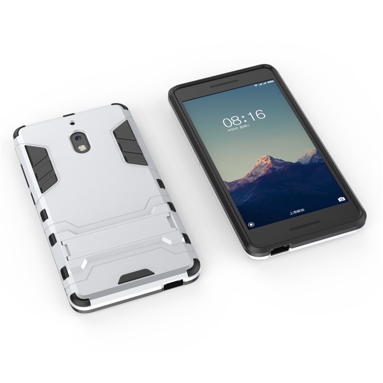 Cool Guard Plastic TPU Hybrid Phone Back Case Accessory with Kickstand for Nokia 2.1 - Silver-4