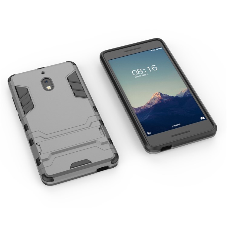 Cool Guard Plastic TPU Hybrid Phone Protection Case with Kickstand for Nokia 2.1 - Grey-4
