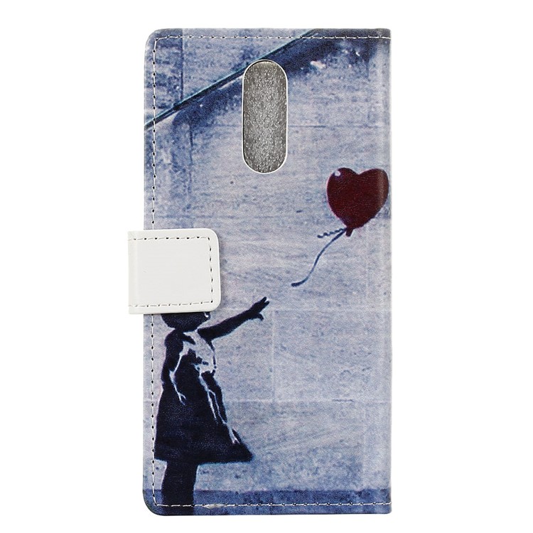 Patterned Wallet Stand Leather Mobile Casing Cover for Nokia 7.1 - Cute Girl Flying Heart Shaped Balloon-2