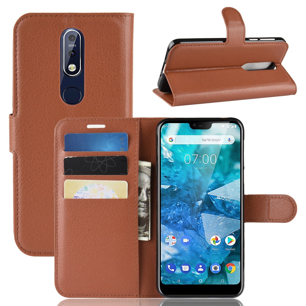 Litchi Skin PU Leather Magnetic Shell for Nokia 7.1 - Brown-1