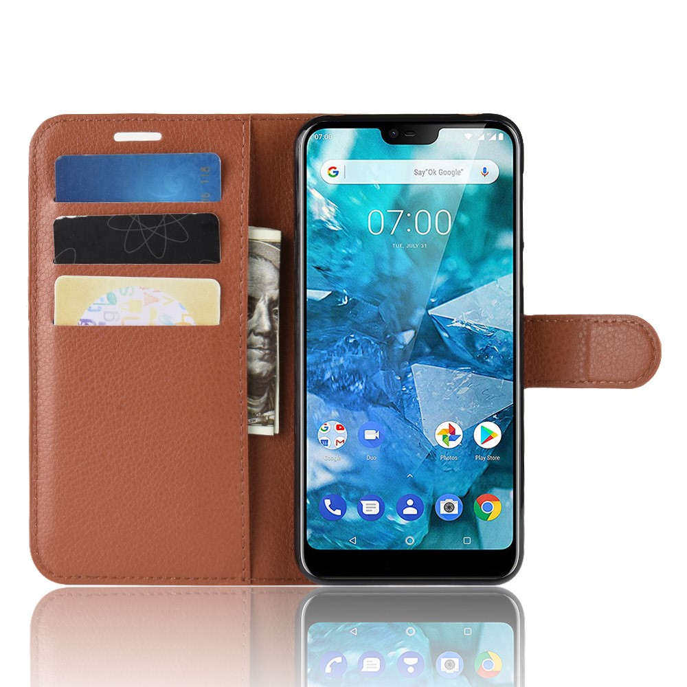 Litchi Skin PU Leather Magnetic Shell for Nokia 7.1 - Brown-4