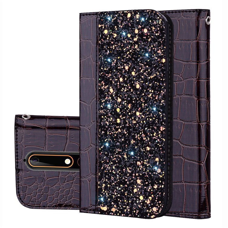 Crocodile Texture Glittery Sequins Splicing PU Leather Auto-absorbed Card Slot Case for Nokia 6.1 (5.5-inch) - Black-1