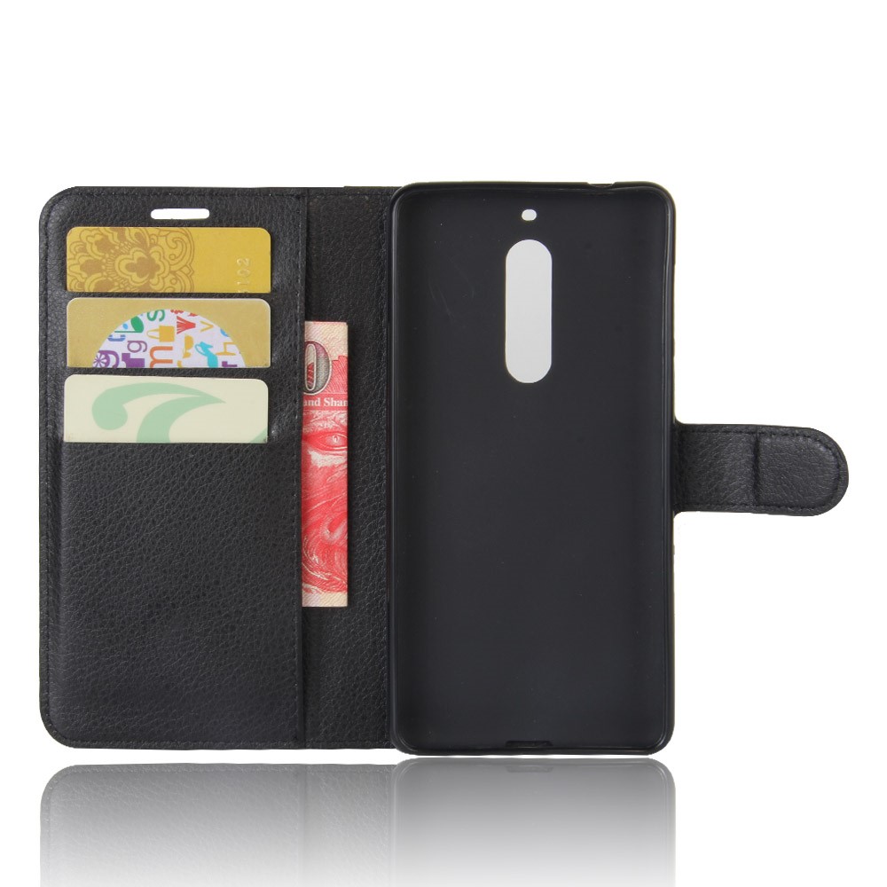 Litchi Skin Wallet Leather Stand Case for Nokia 5 - Black-3