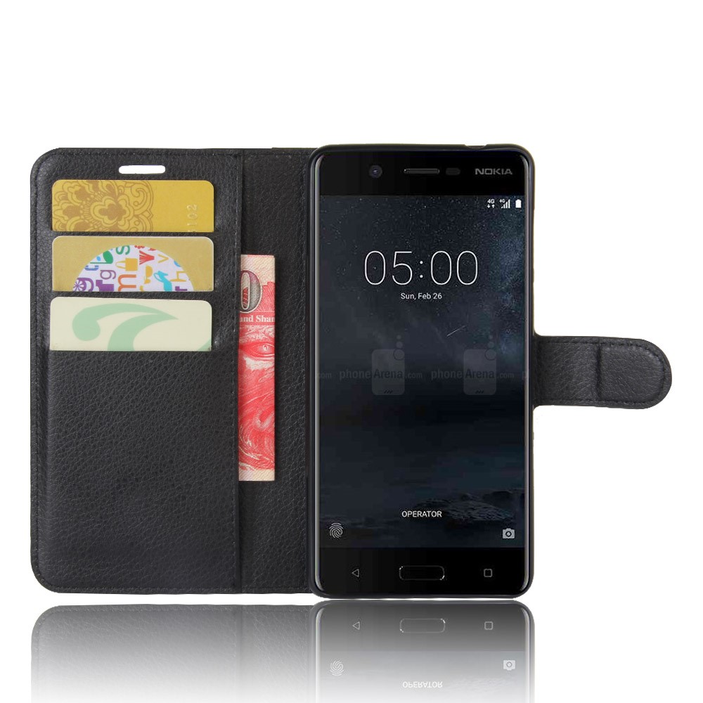 Litchi Skin Wallet Leather Stand Case for Nokia 5 - Black-4