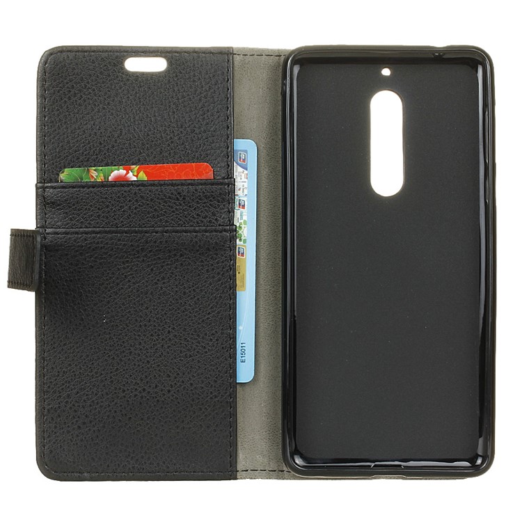 Lychee Skin Wallet Leather Stand Case for Nokia 5 - Black-4
