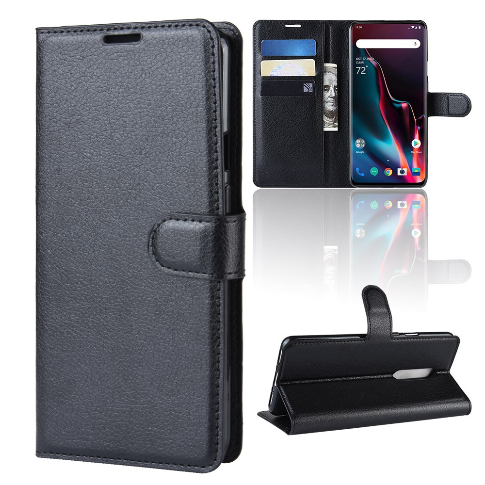 Funda De Cuero Para Móvil Con Soporte De Billetera De Textura Litchi Para Oneplus 7 - Negro-1