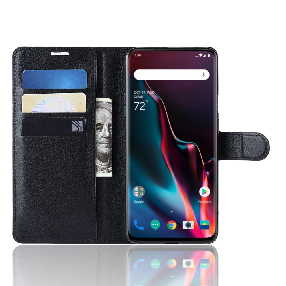 Funda De Cuero Para Móvil Con Soporte De Billetera De Textura Litchi Para Oneplus 7 - Negro-4