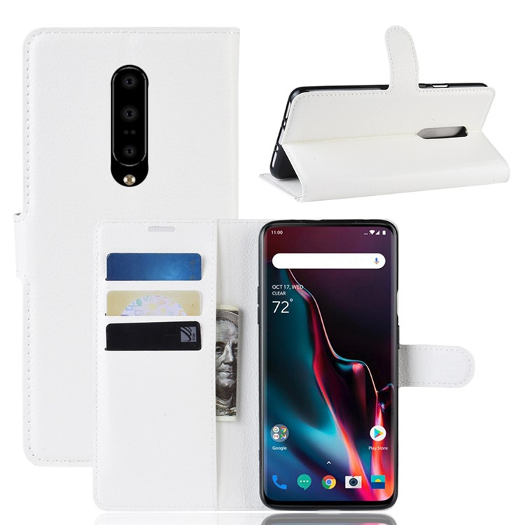 Funda De Cuero Para Móvil Con Soporte De Billetera De Textura Litchi Para Oneplus 7 - Blanco-1