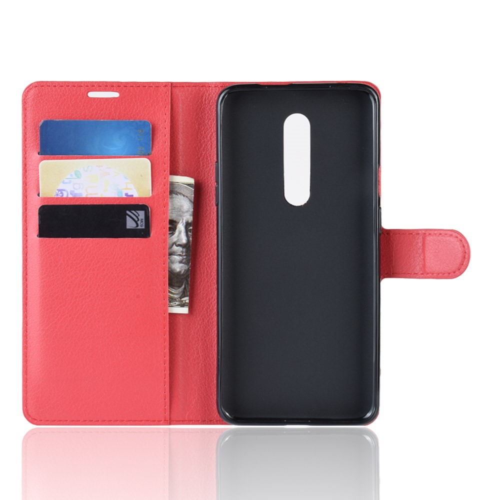 Funda De Cuero Para Móvil Con Soporte De Billetera De Textura Litchi Para Oneplus 7 - Rojo-3