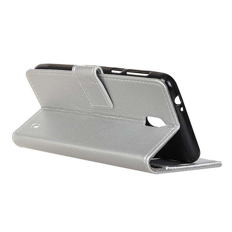Litchi Grain PU Leather Protective Case with Wallet Stand for Nokia 1 Plus - Silver-9