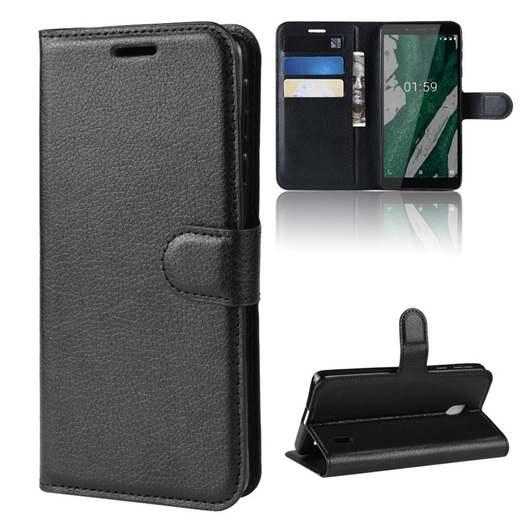 Litchi Skin PU Leather Magnetic Wallet Stand Case for Nokia 1 Plus - Black-7