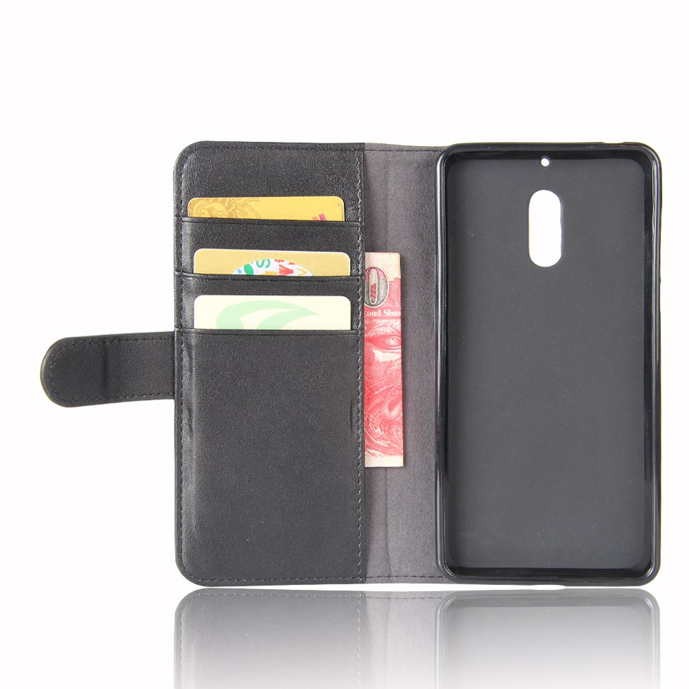 Genuine Split Leather Wallet Phone Case with Stand for Nokia 6 - Black-4