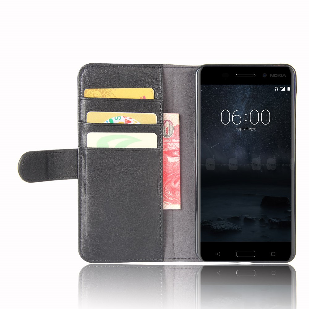 Genuine Split Leather Wallet Phone Case with Stand for Nokia 6 - Black-5