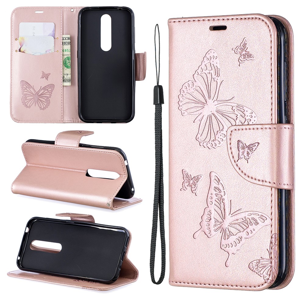 Imprint Butterfly Leather Wallet Case Для Nokia 4.2 - Розовое Золото