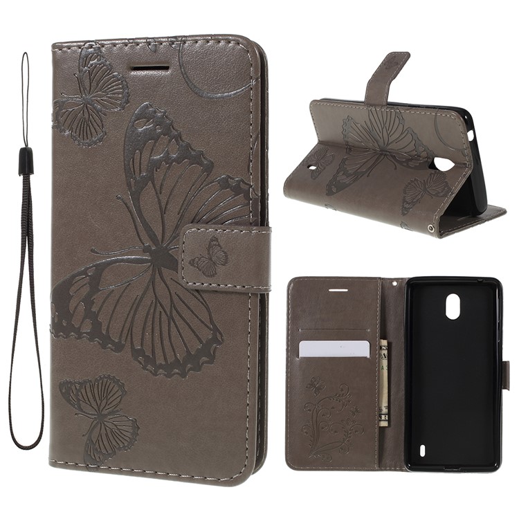 Imprint Butterfly Leather Wallet Stand Case for Nokia 1 plus - Grey-1