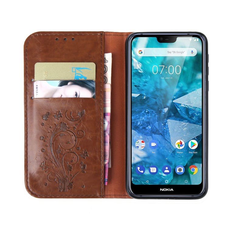 Imprint Hearts Leather Wallet Case for Nokia 5.1 - Brown-2