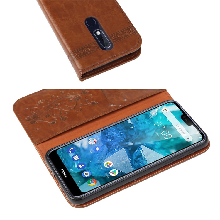 Imprint Hearts Leather Wallet Case for Nokia 5.1 - Brown-4