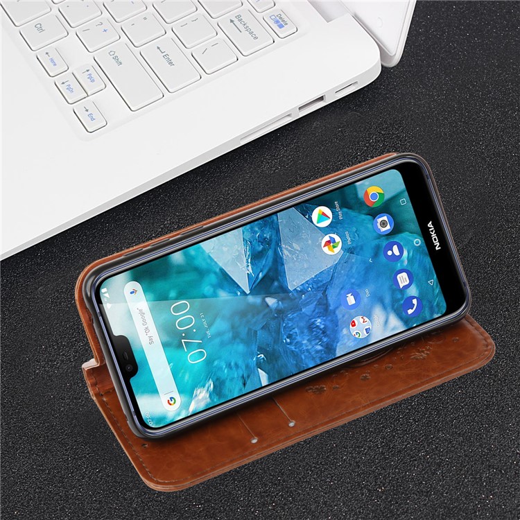 Imprint Hearts Leather Wallet Case for Nokia 5.1 - Brown-5