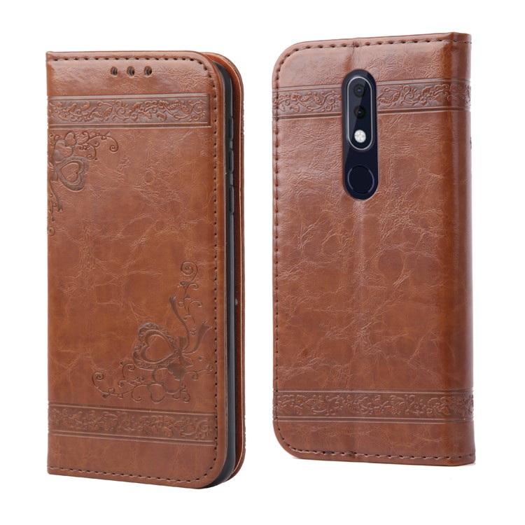 Imprint Hearts Leather Wallet Case for Nokia 5.1 - Brown-6