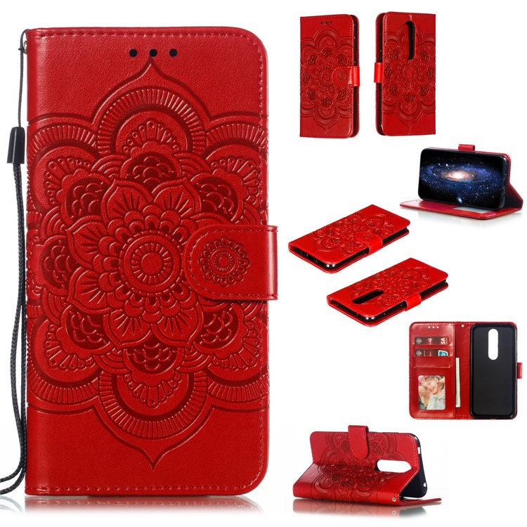 Imprint Mandala Flower Leather Wallet Case for Nokia 4.2 (2019) - Red-1