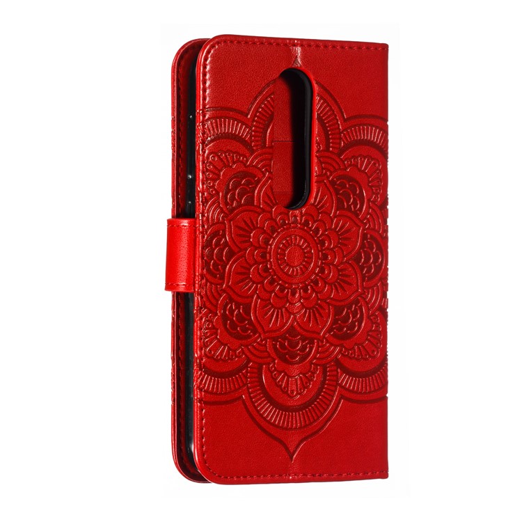 Imprint Mandala Flower Leather Wallet Case for Nokia 4.2 (2019) - Red-4