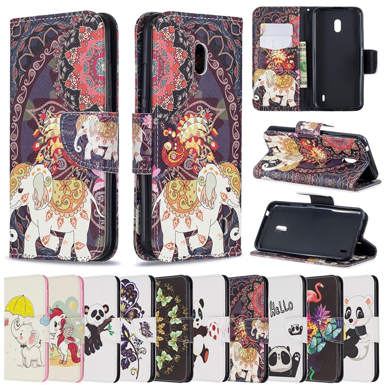 Pattern Printing Wallet Stand Flip Leather Phone Shell for Nokia 2.2 - Elephant and Malanda Flower-9