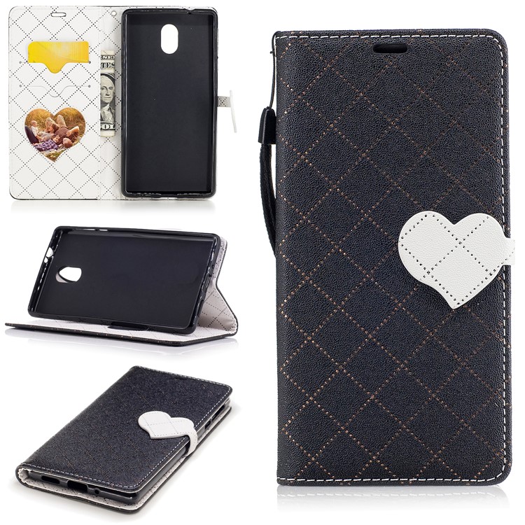 Love Heart Contrasting Color Leather Wallet Mobile Casing for Nokia 3 - Black-1