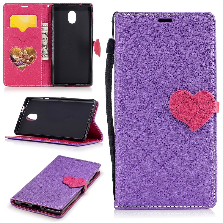 Love Heart Contrasting Color Leather Wallet Mobile Case for Nokia 3 - Purple-1