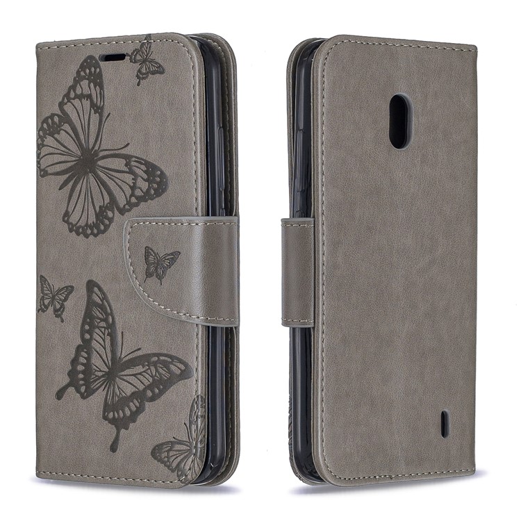 Imprint Butterfly Wallet Stand PU Leather Phone Case for Nokia 2.2 - Grey-4