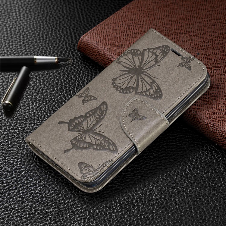 Imprint Butterfly Wallet Stand PU Leather Phone Case for Nokia 2.2 - Grey-7