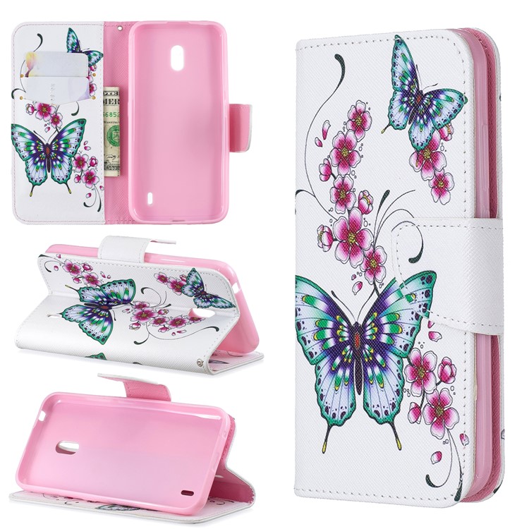 Funda Billetera De Piel Con Estampado Estampado Para Nokia 2.2 - Mariposa Y Flor-1