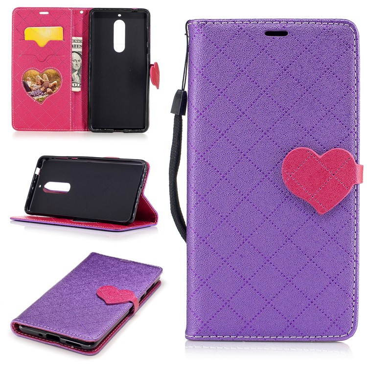 Love Heart Two-tone Leather Wallet Stand Cover with Lanyard for Nokia 5 - Purple-1