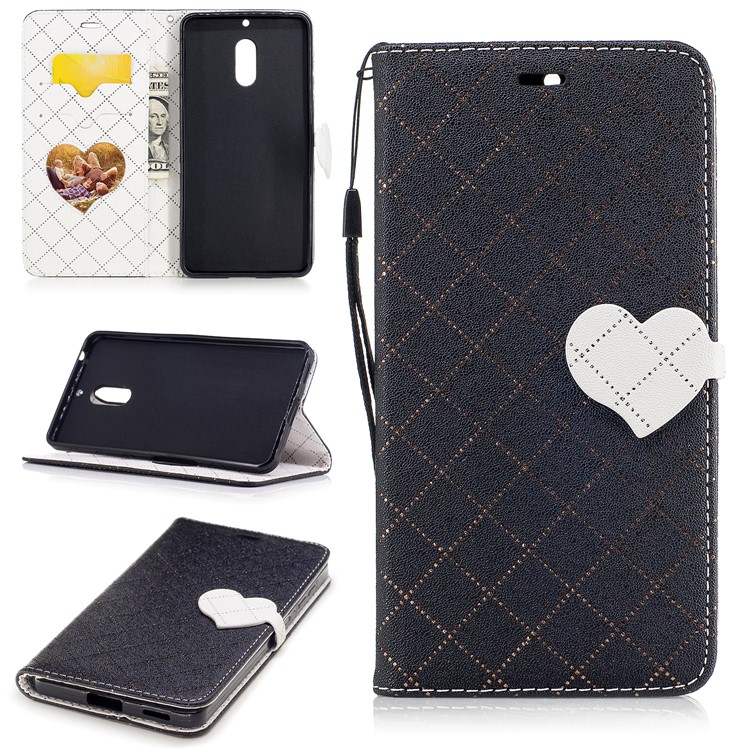 Love Heart Two-tone Leather Wallet Stand Cover with Lanyard for Nokia 6 - Black-1