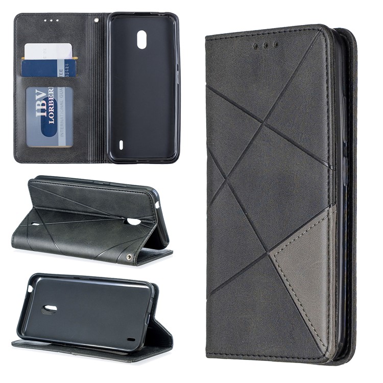 Case de Titular de Tarjeta de Cuero de Patrón Geométrico Para Nokia 2.2 - Negro