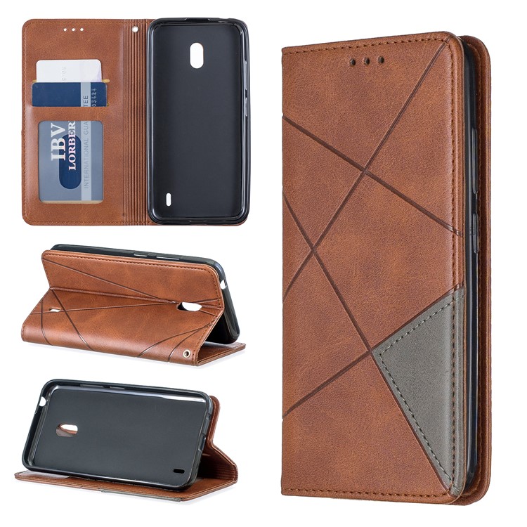 Estojo De Titular De Cartão De Padrão Geométrico De Couro Para Nokia 2.2 - Café-1