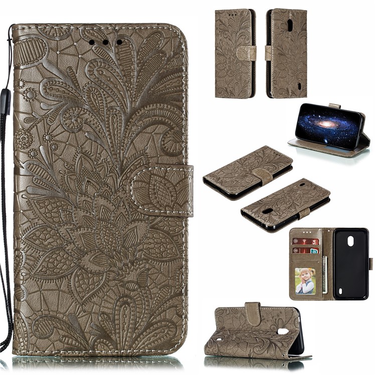 For Nokia 2.2 Imprinted Lace Flower Skin Leather Wallet Casing Cover - Brown-1