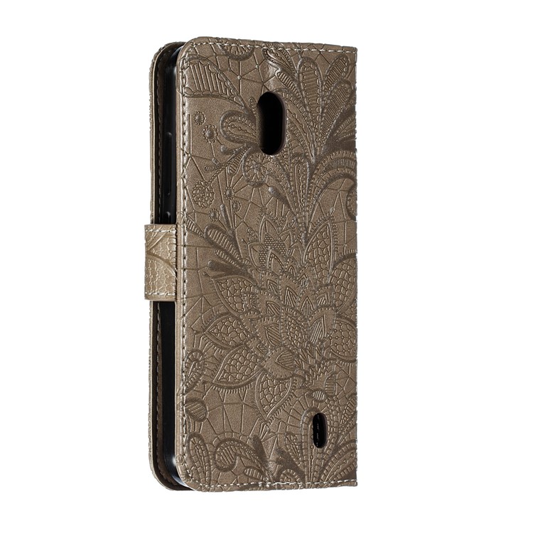 For Nokia 2.2 Imprinted Lace Flower Skin Leather Wallet Casing Cover - Brown-4