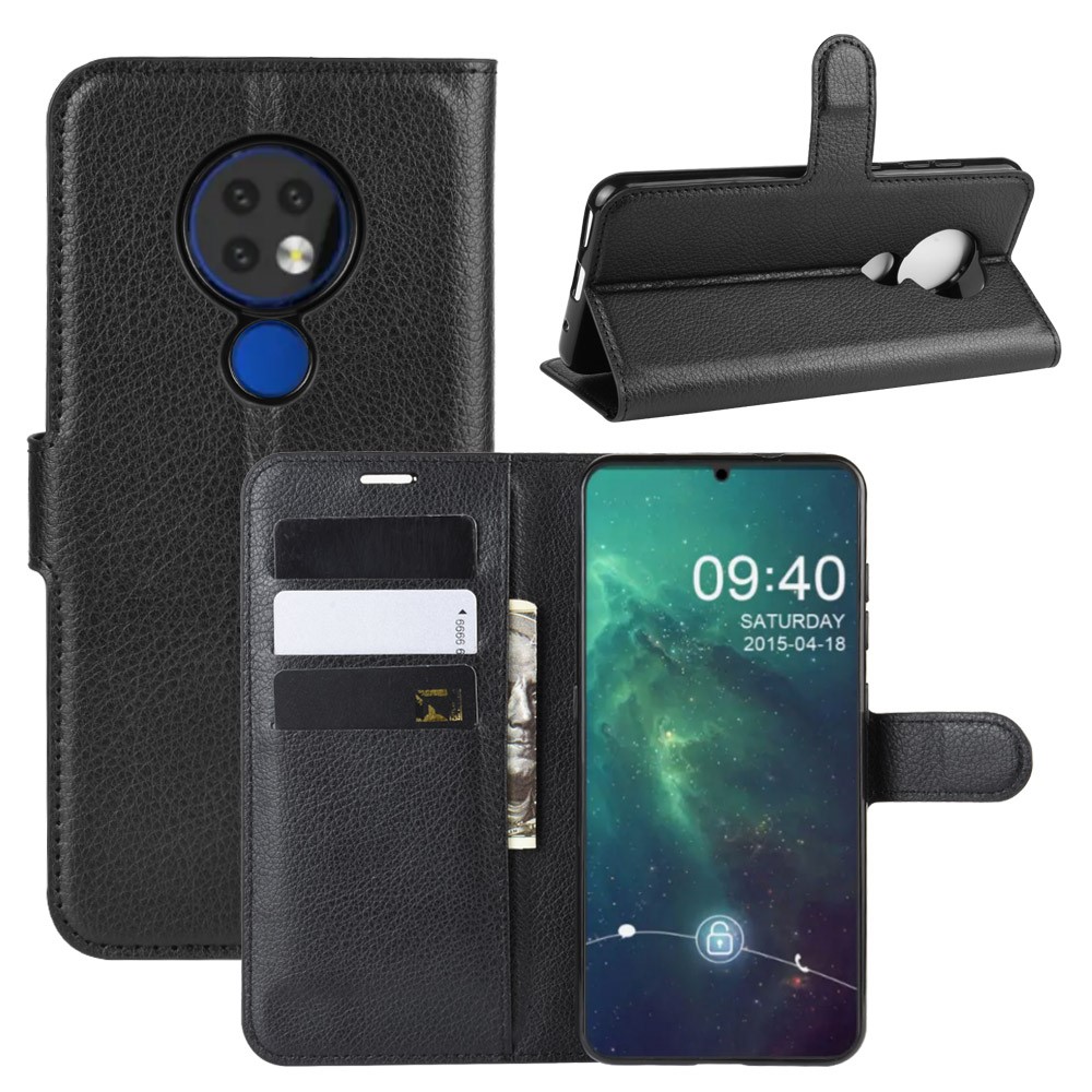 Litchi Skin Leather Wallet Stand Case for Nokia 6.2 - Black-1