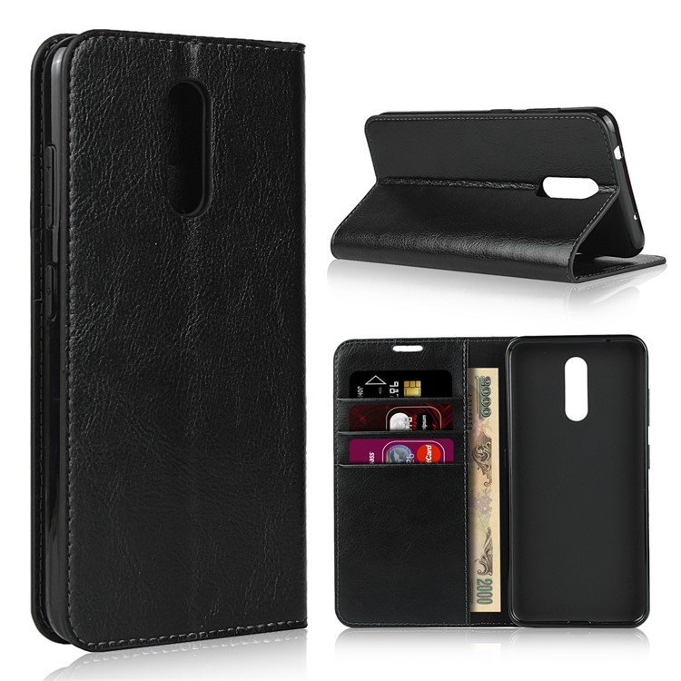 Crazy Horse Surface Wallet Stand Genuine Leather Cover Case for Nokia 3.2 - Black-1