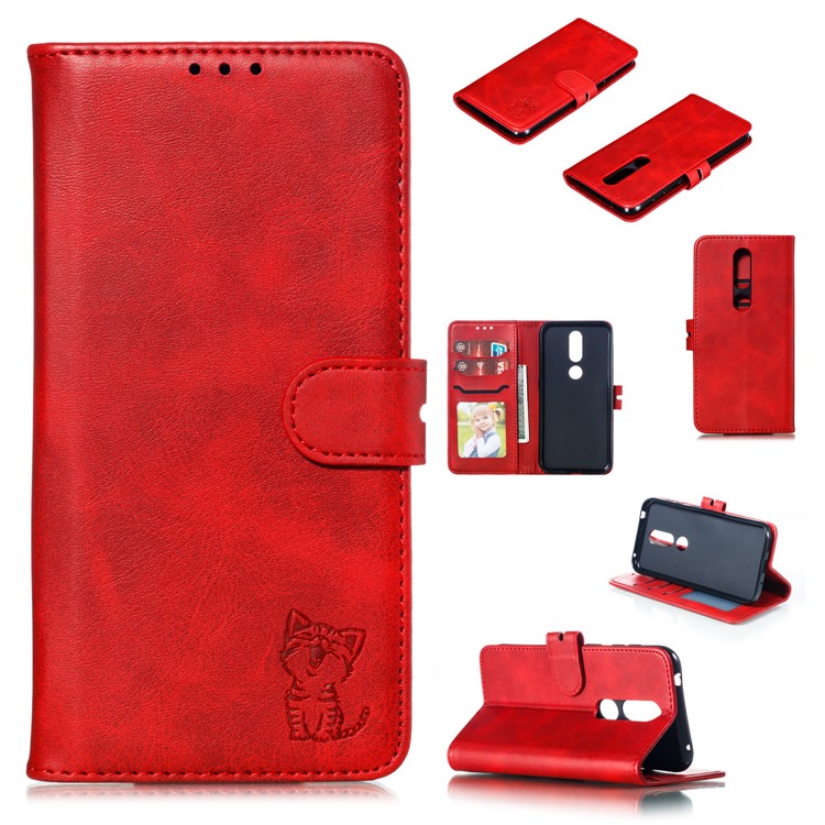 Imprinted Cat Pattern Magnetic Leather Wallet Case for Nokia 4.2 (2019) - Red-1