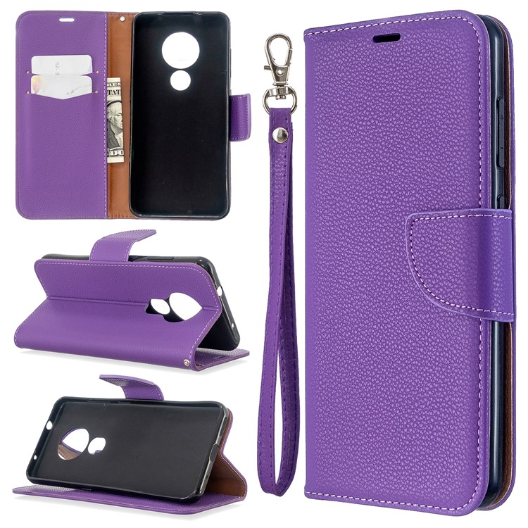 Litchi Texture Leather Wallet Stand Phone Cover with Strap for Nokia 7.2 / Nokia 6.2 - Purple-1