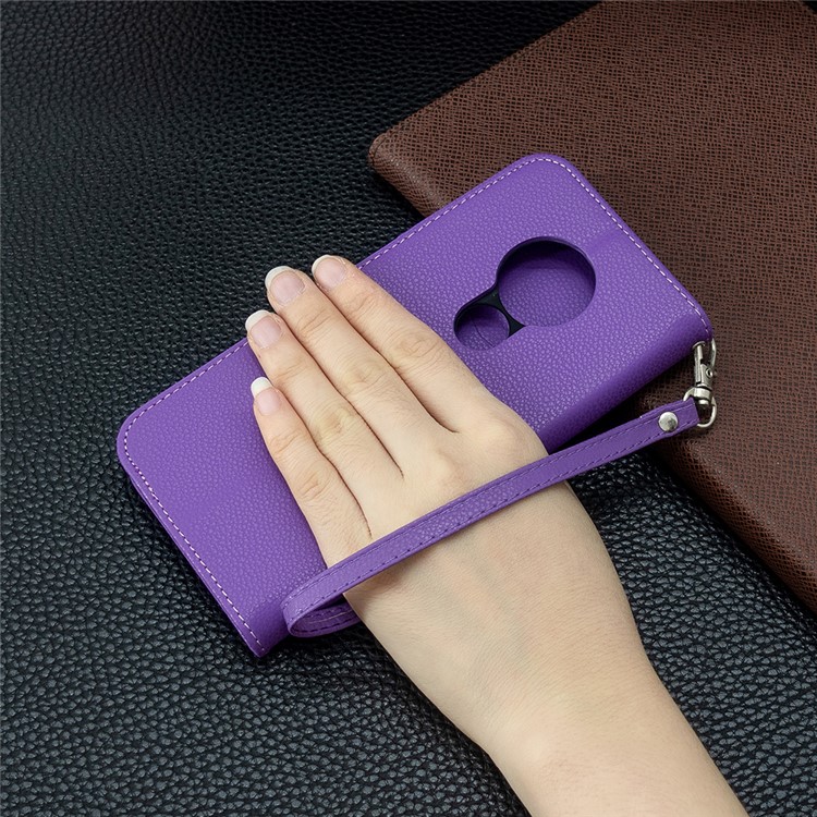 Litchi Texture Leather Wallet Stand Phone Cover with Strap for Nokia 7.2 / Nokia 6.2 - Purple-9