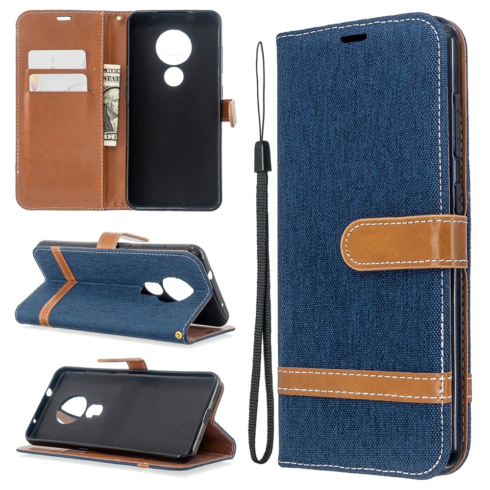 Deux Couleurs Shell Téléphone Cuir Tissu Jean PU Pour Nokia 7.2 / 6.2 - Bleu Foncé-1