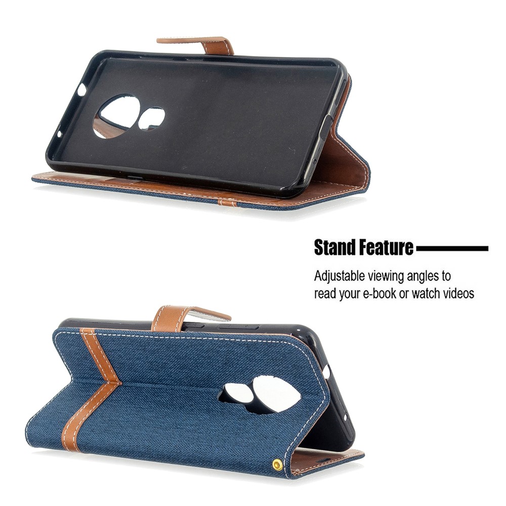 Deux Couleurs Shell Téléphone Cuir Tissu Jean PU Pour Nokia 7.2 / 6.2 - Bleu Foncé-5