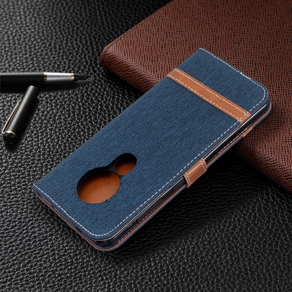 Deux Couleurs Shell Téléphone Cuir Tissu Jean PU Pour Nokia 7.2 / 6.2 - Bleu Foncé-8