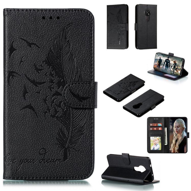 Litchi Design Imprint Feather Leather Phone Case with Wallet Stand for 	Nokia 7.2 - Black-1