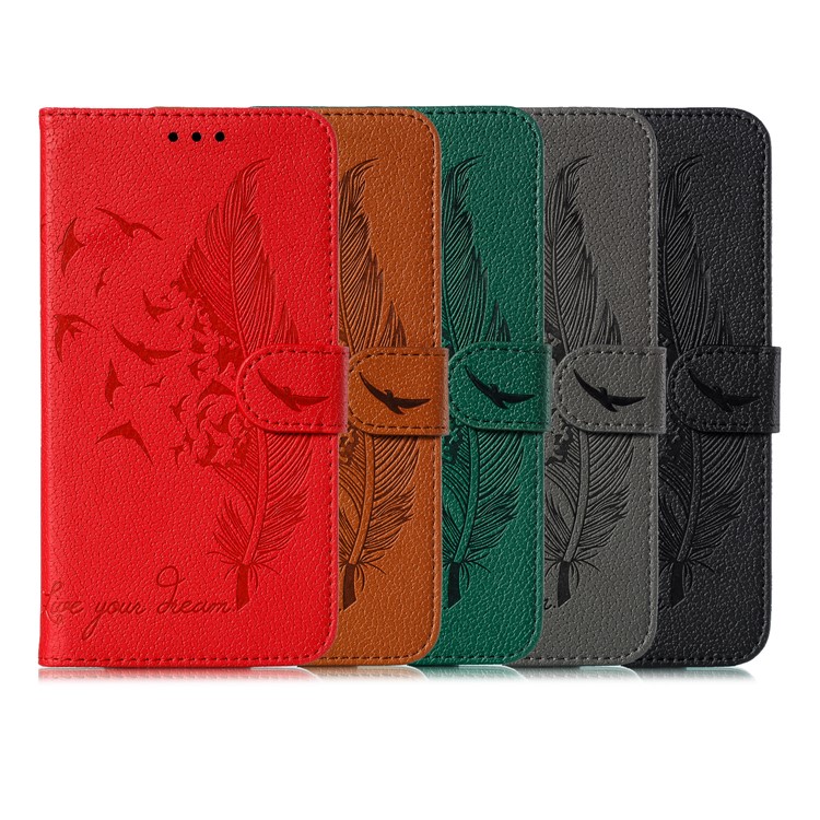 Litchi Design Imprint Feather Leather Phone Case with Wallet Stand for Nokia 7.2 - Black-12
