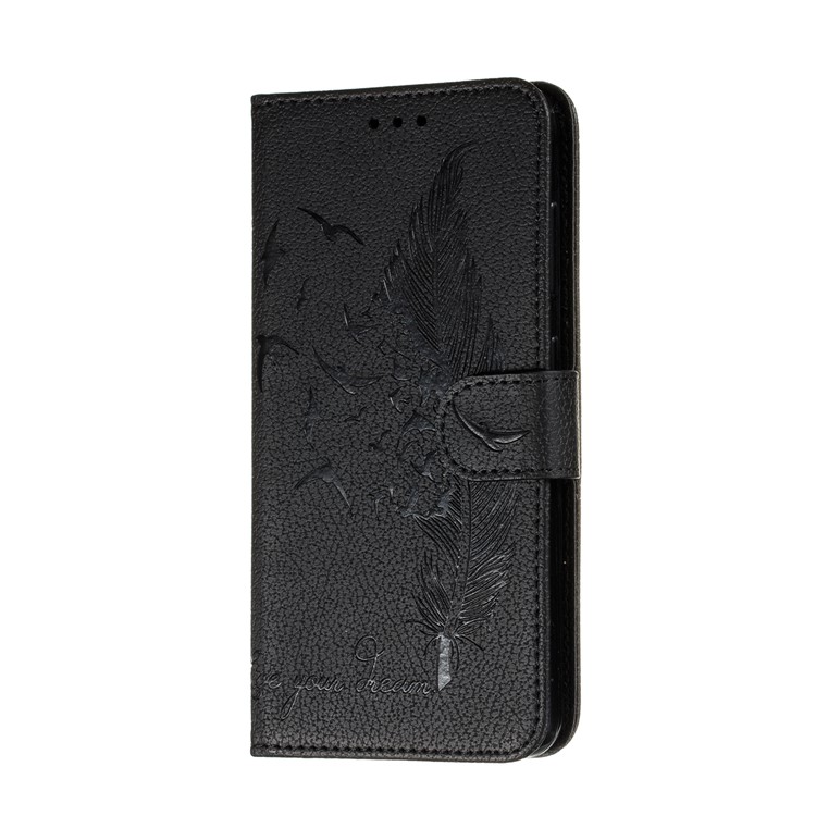 Litchi Design Imprint Feather Leather Phone Case with Wallet Stand for 	Nokia 7.2 - Black-3